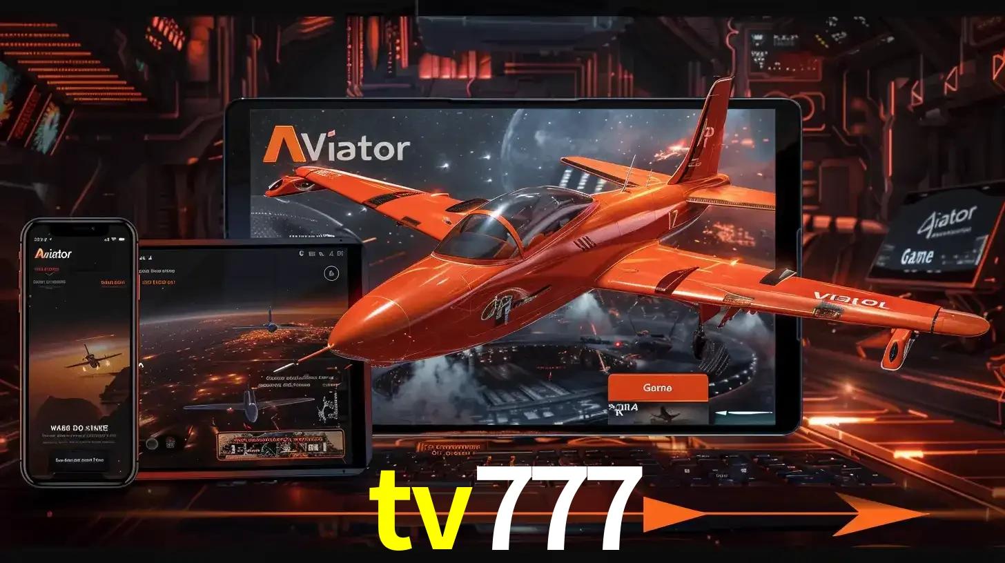 Apresentação tecnológica do jogo Aviator com um avião saindo da tela de um tablet, demonstrando a experiência imersiva em múltiplos dispositivos no tv777.