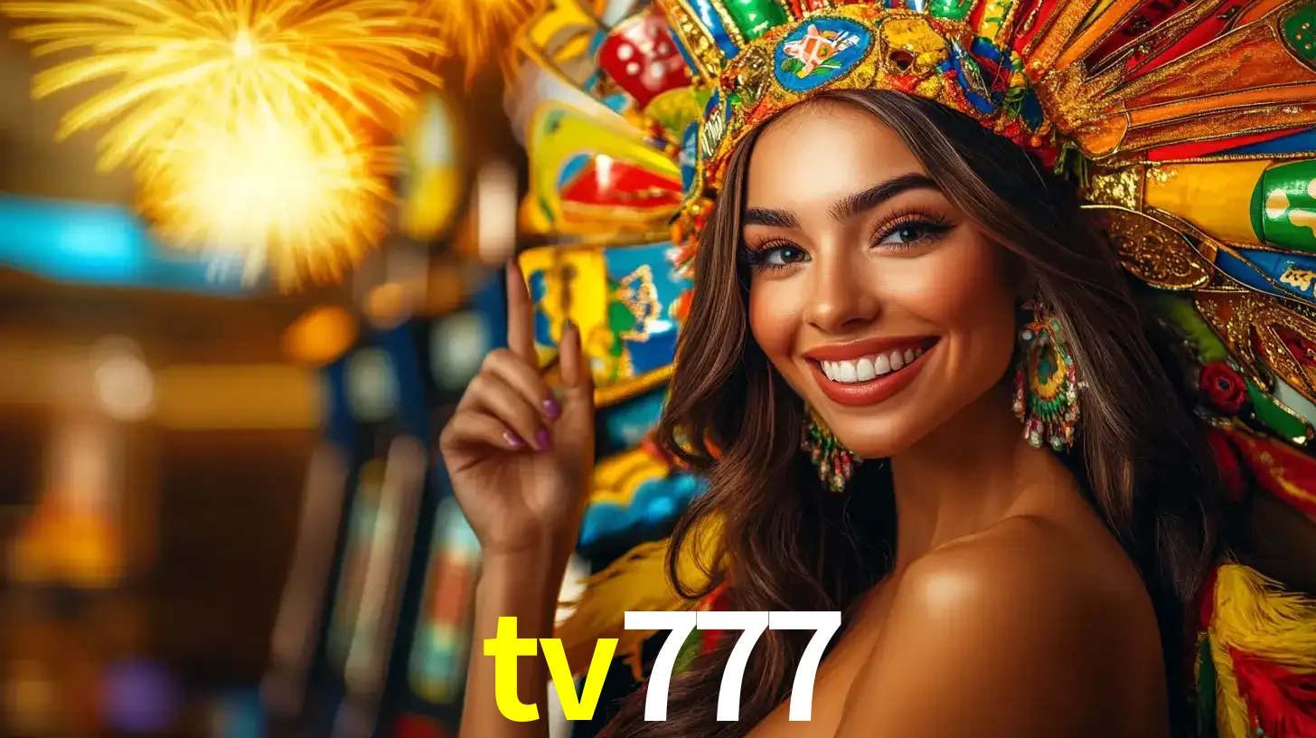Mulher sorridente com um cocar de carnaval vibrante e colorido, celebrando uma grande vitória nos jogos do cassino tv777 com fogos de artifício ao fundo.