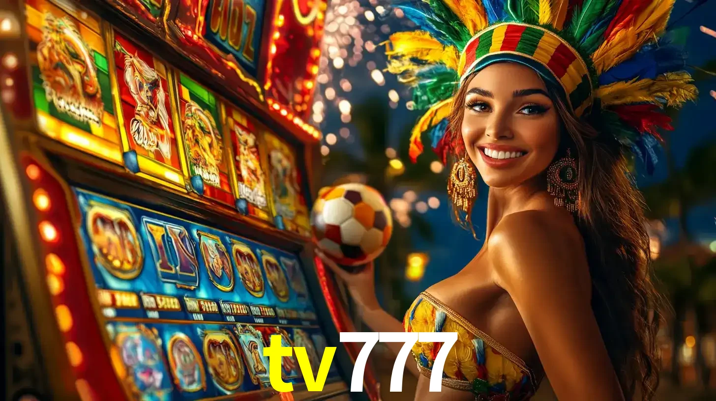 Mulher com um cocar de carnaval ao lado de uma máquina de caça-níqueis enquanto segura uma bola de futebol, mostrando a união da diversão de cassino e esportes no tv777.