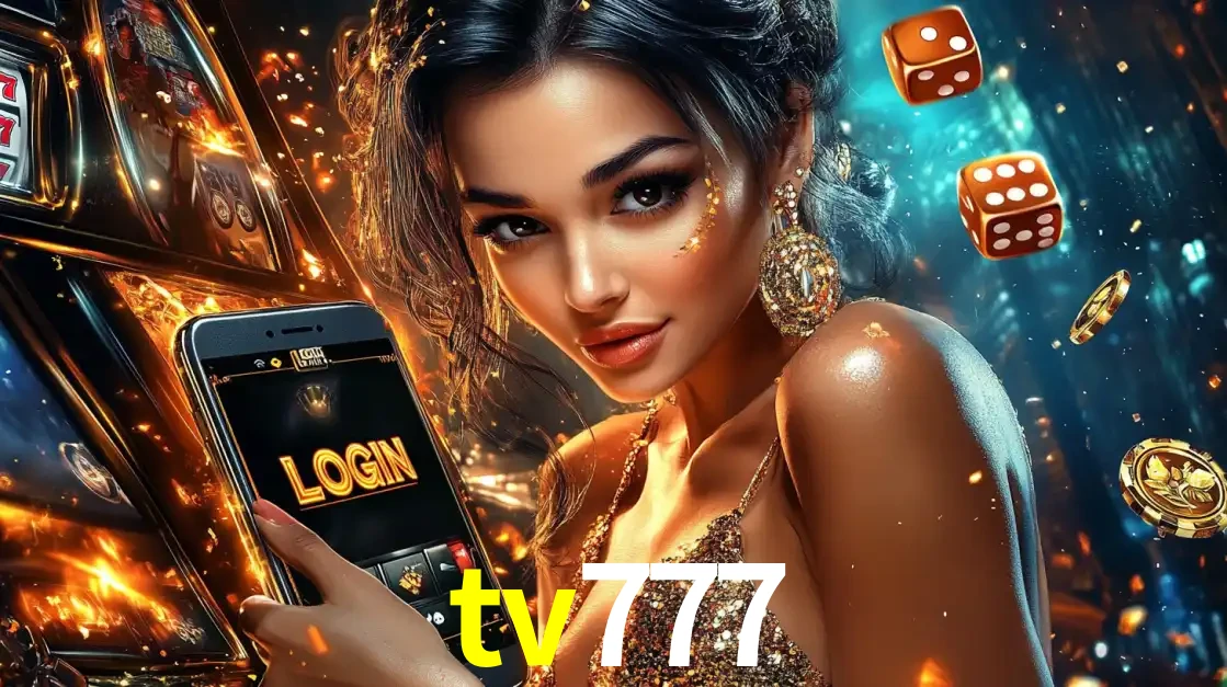 Mulher glamourosa segurando um celular com a tela de login do cassino tv777, rodeada por dados e moedas douradas, pronta para começar a diversão.