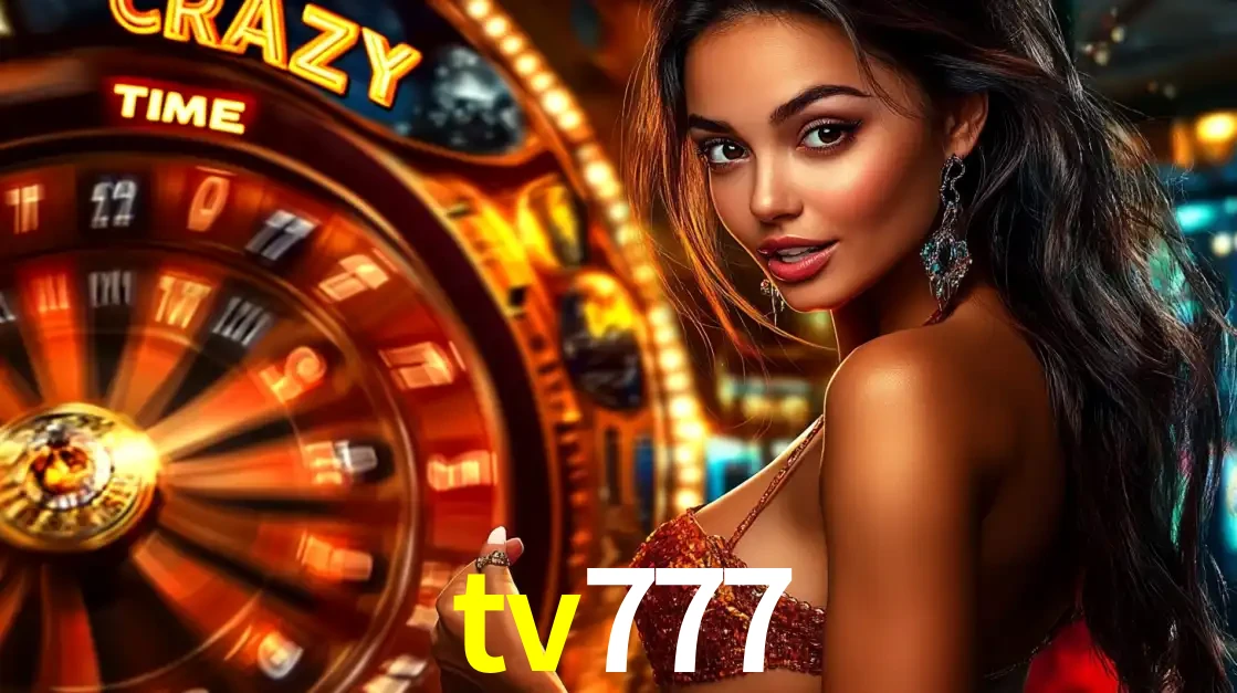 Mulher ao lado da roda de prêmios do jogo de cassino ao vivo Crazy Time, um dos shows de jogos mais emocionantes oferecidos pela plataforma de apostas tv777.