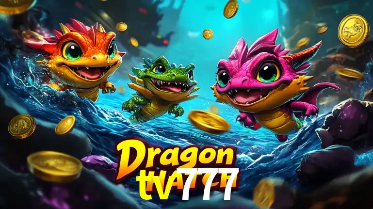 Arte promocional do jogo Dragon Hatch com três adoráveis dragões bebês nadando entre moedas de ouro, um dos slots mais divertidos para jogar no cassino tv777.