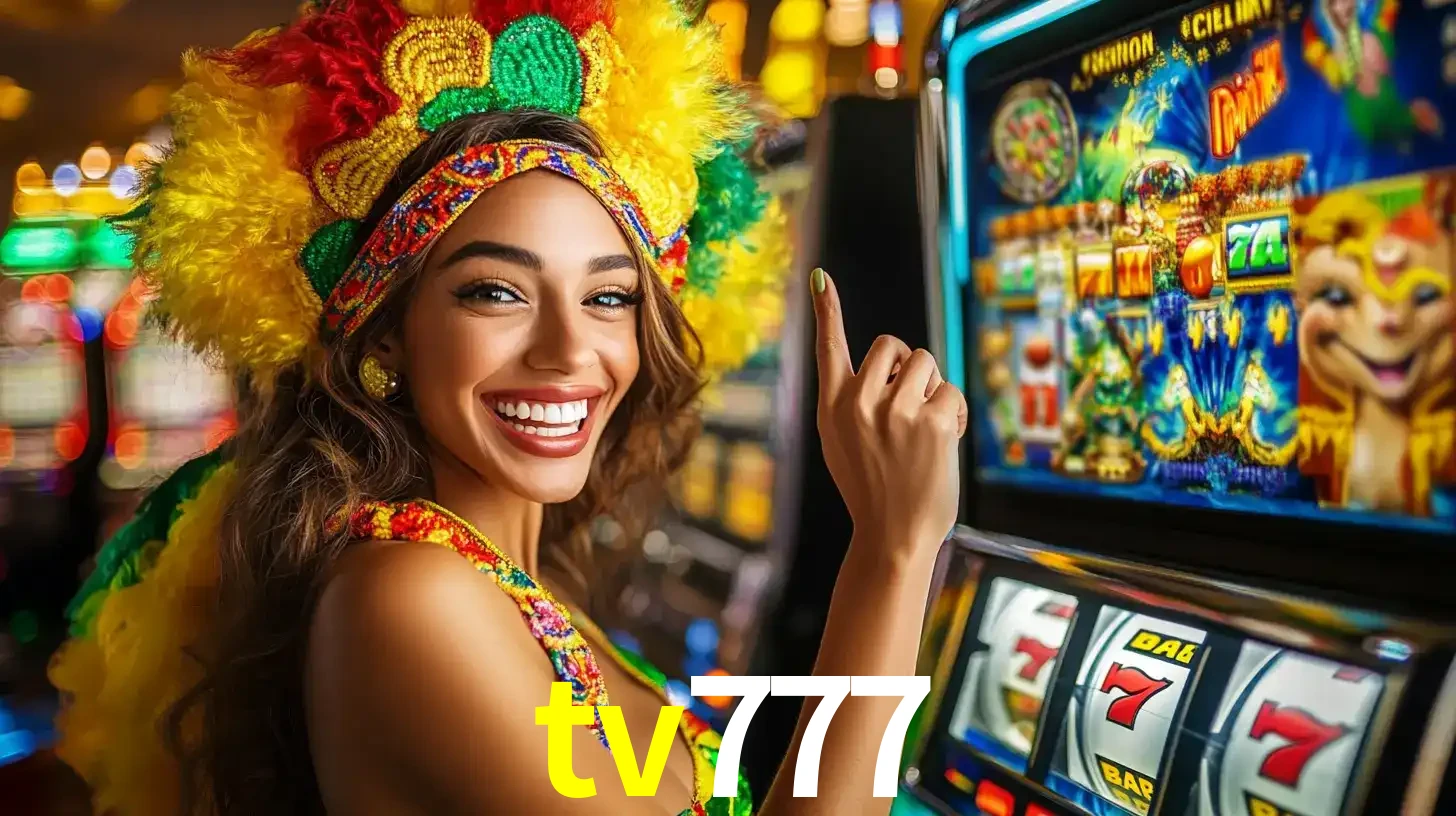 Mulher animada com um cocar de carnaval apontando para uma máquina de caça-níqueis, mostrando a emoção de ganhar um grande prêmio nos jogos do tv777.