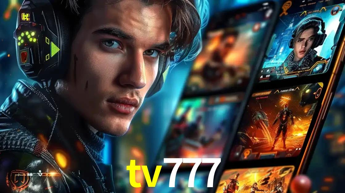 Jovem jogador com fones de ouvido olhando para a câmera, com um aplicativo de jogos e e-sports para celular ao fundo, pronto para a competição e apostas no tv777.