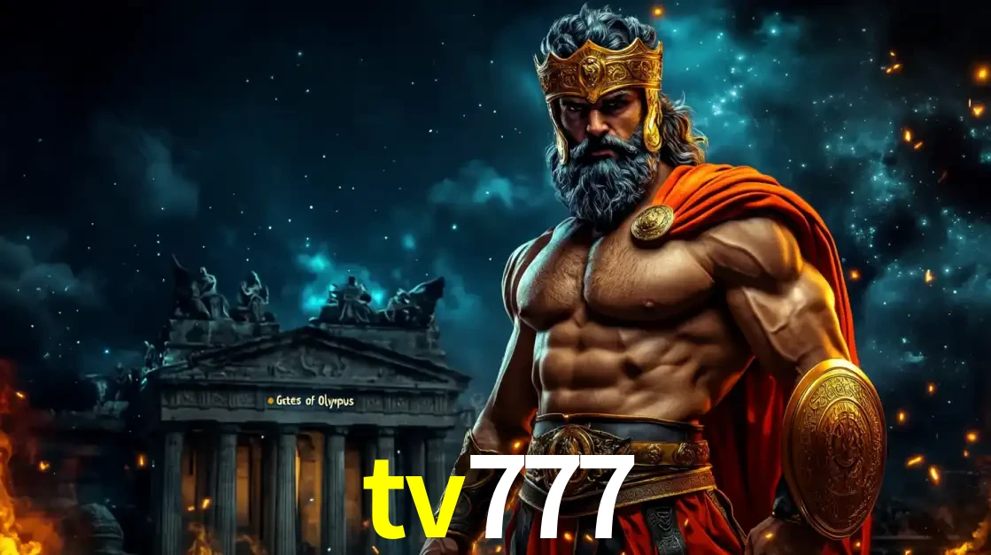 O poderoso Zeus do jogo de slot Gates of Olympus em frente ao seu templo, pronto para lançar multiplicadores divinos e prêmios épicos no cassino online tv777.