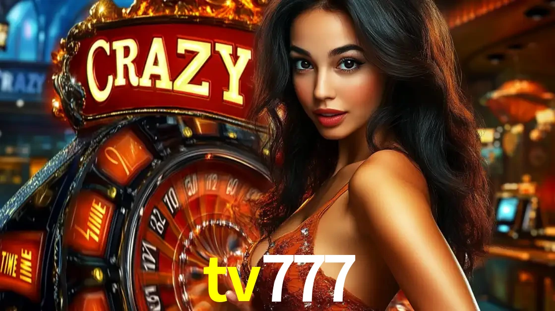 Mulher glamourosa olhando para a câmera com a roda vermelha do Crazy Time ao fundo em um ambiente de cassino, destacando a emoção dos jogos ao vivo no tv777.