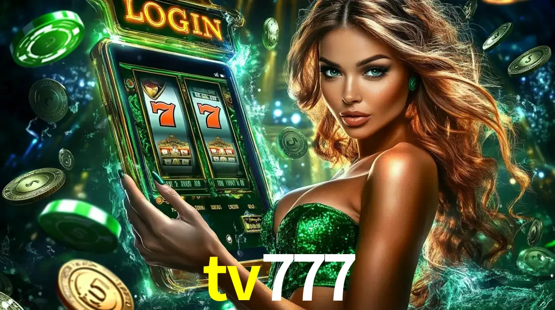 Mulher com tema verde apresentando o aplicativo do cassino tv777 com um jogo de slot de 777, cercada por fichas de cassino e uma aura de sorte.