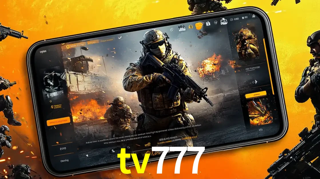 Um smartphone exibindo a interface de um jogo de tiro em primeira pessoa, com um soldado em um cenário de batalha, representando a ação dos e-sports para apostar no tv777.