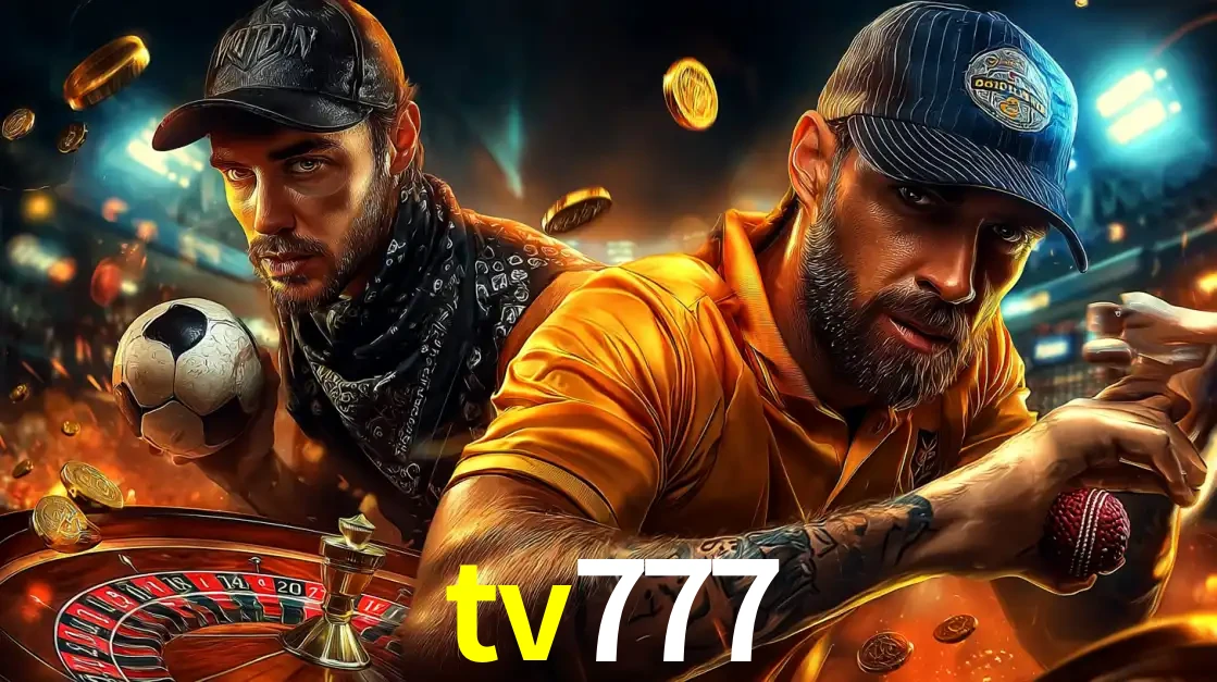 Montagem de apostas esportivas e cassino no tv777, com um homem segurando uma bola de futebol e outro uma de beisebol sobre uma roleta e moedas voadoras.