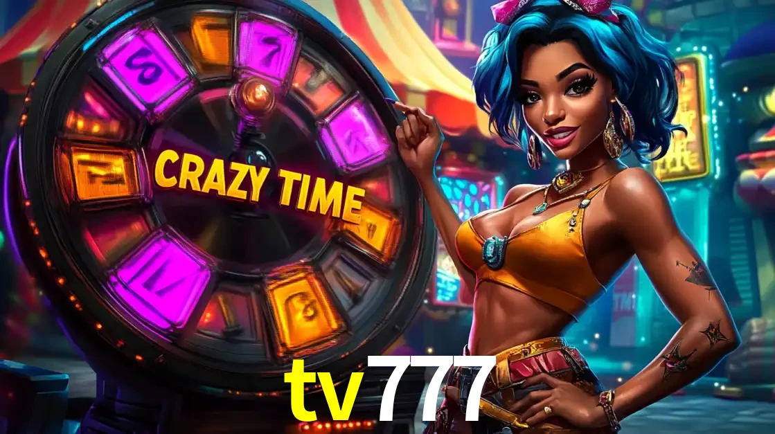 Mulher estilizada com cabelo azul e visual vibrante posando ao lado da roda de prêmios do game show Crazy Time, convidando para a diversão e os bônus do cassino tv777.