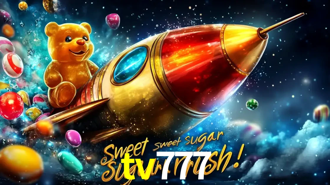 Arte promocional do jogo de slot Sugar Rush, com um urso de pelúcia em um foguete viajando pelo espaço de doces, um dos jogos divertidos disponíveis no cassino tv777.