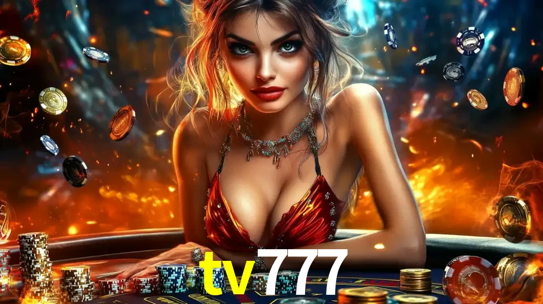 Mulher em uma mesa de cassino com pilhas de fichas e um fundo de fogo, pronta para uma rodada de altas apostas nos jogos de mesa emocionantes do cassino tv777.