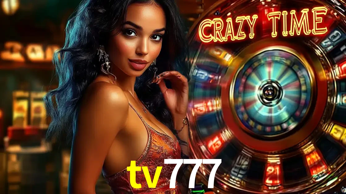 Mulher elegante ao lado da vibrante roda da fortuna do jogo de cassino ao vivo Crazy Time, um dos game shows mais populares e cheios de prêmios do tv777.