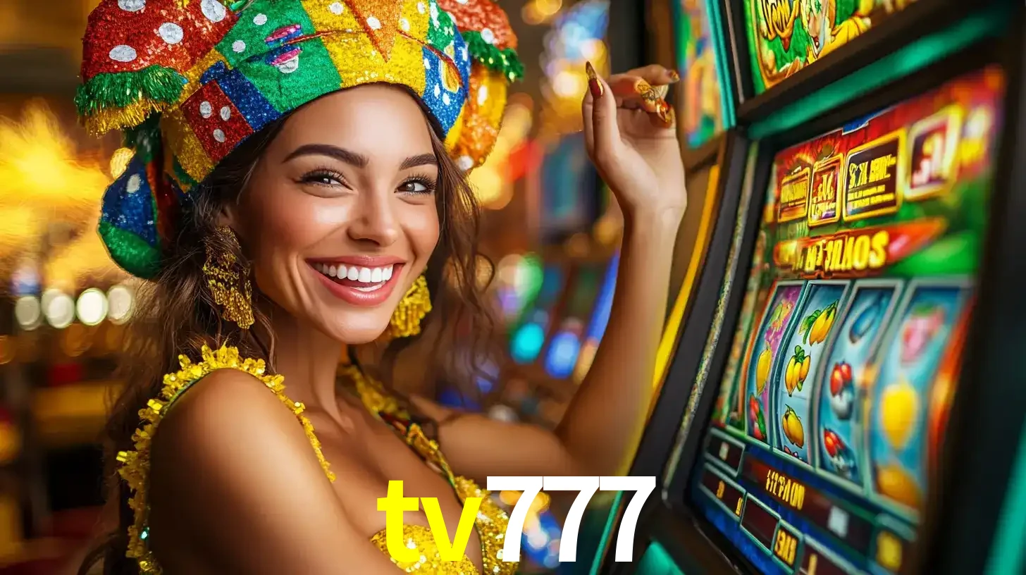 Mulher feliz com traje de carnaval amarelo e colorido ao lado de uma máquina de caça-níqueis, aproveitando a diversão e os jogos temáticos do cassino tv777.