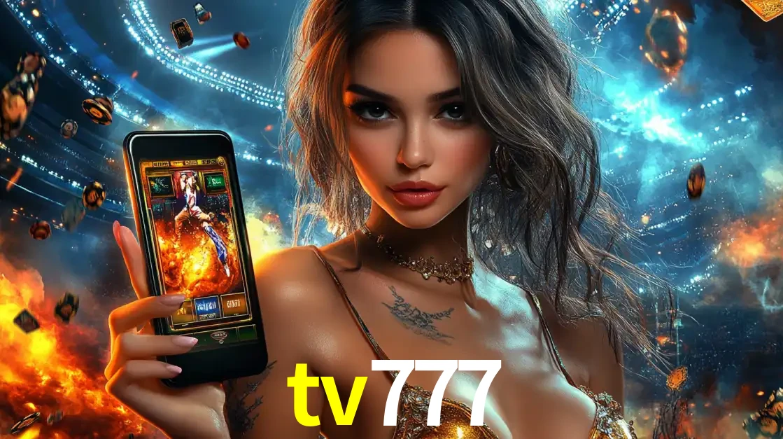 Mulher segurando um celular com um jogo de slot em destaque, tendo como fundo um estádio vibrante, simbolizando a emoção de jogar no cassino móvel tv777.
