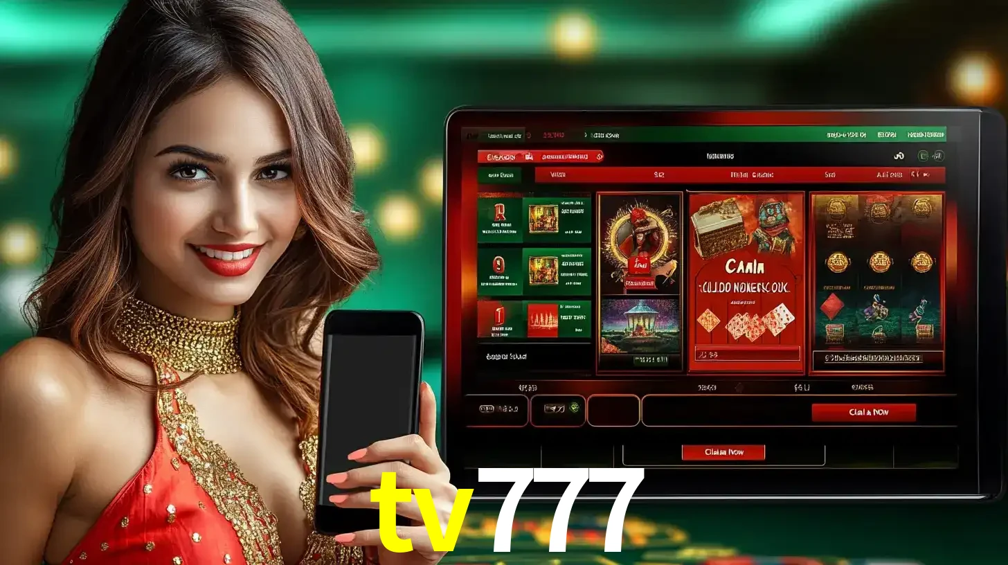Mulher sorridente segurando um smartphone, ao lado de uma tela exibindo o lobby de jogos do cassino online tv777, com várias opções de jogos de cartas e slots.